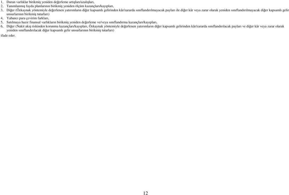 çevirim farkları, 5, Satılmaya hazır finansal varlıkların birikmiş yeniden değerleme ve/veya sınıflandırma kazançları/kayıpları, 6, Diğer (Nakit akış riskinden korunma kazançları/kayıpları, Özkaynak