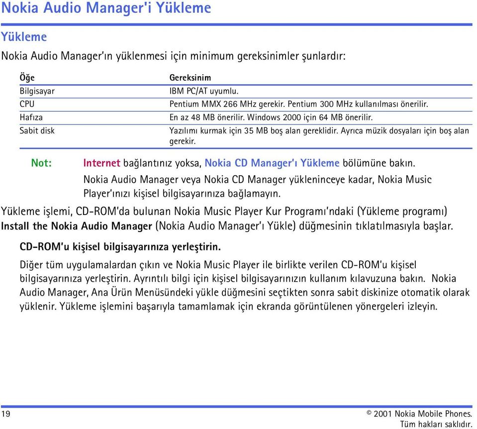 Ayrýca müzik dosyalarý için boþ alan gerekir. Not: Internet baðlantýnýz yoksa, Nokia CD Manager ý Yükleme bölümüne bakýn.