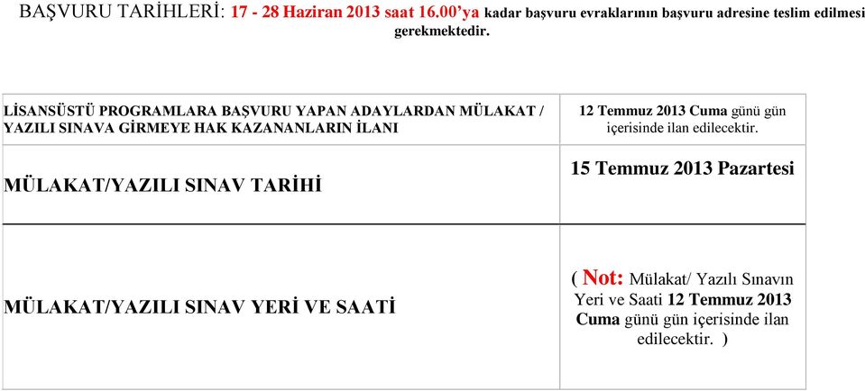 ÜSTÜ PROGRAMLARA BAŞVURU YAPAN ADAYLARDAN MÜLAKAT / YAZILI SINAVA GİRMEYE HAK KAZANANLARIN İLANI MÜLAKAT/YAZILI SINAV