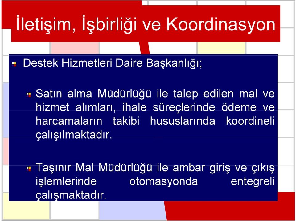 ve harcamaların takibi hususlarında koordineli çalışılmaktadır.