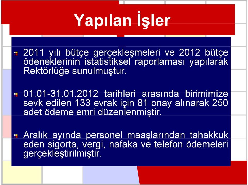 01-31.01.2012 tarihleri arasında birimimize sevk edilen 133 evrak için 81 onay alınarak 250