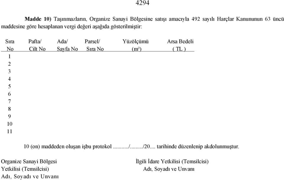 (m²) ( TL ) 1 2 3 4 5 6 7 8 9 10 11 10 (on) maddeden oluşan işbu protokol.../.../20... tarihinde düzenlenip akdolunmuştur.