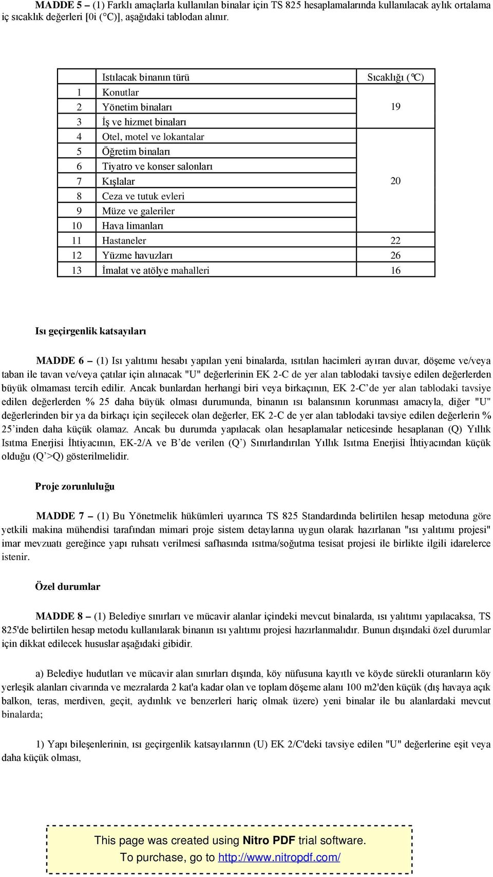 tutuk evleri 9 Müze ve galeriler 10 Hava limanları 11 Hastaneler 22 12 Yüzme havuzları 26 13 İmalat ve atölye mahalleri 16 Isı geçirgenlik katsayıları MADDE 6 (1) Isı yalıtımı hesabı yapılan yeni