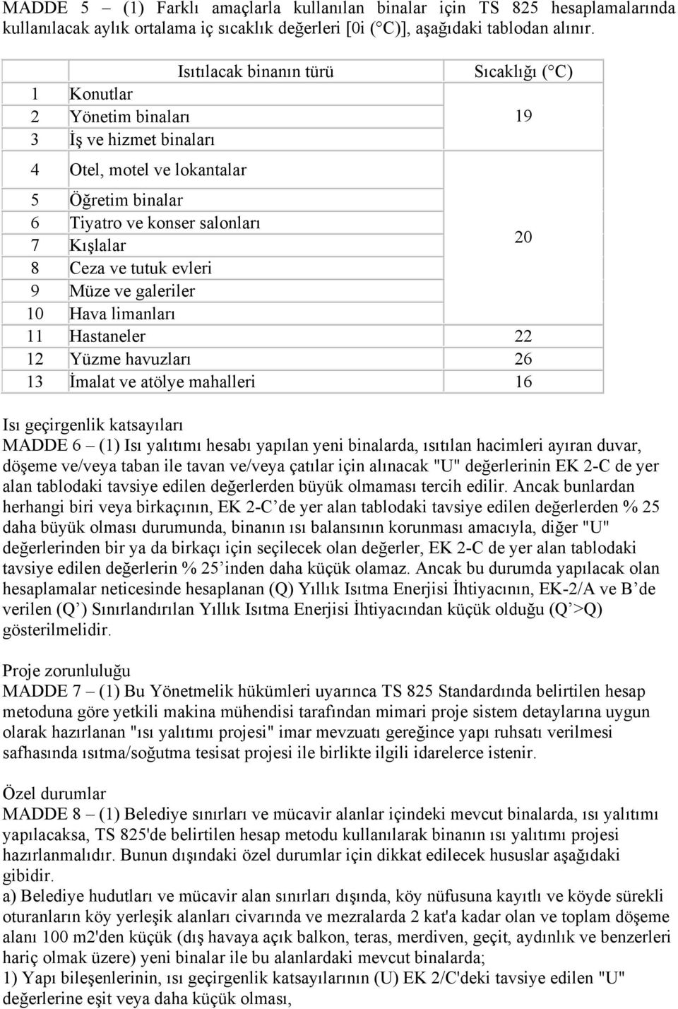 evleri 9 Müze ve galeriler 10 Hava limanları 11 Hastaneler 22 12 Yüzme havuzları 26 13 İmalat ve atölye mahalleri 16 Isı geçirgenlik katsayıları MADDE 6 (1) Isı yalıtımı hesabı yapılan yeni