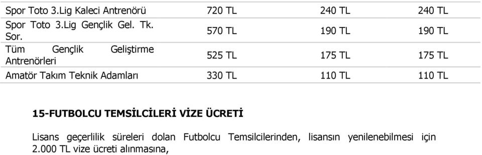 Teknik Adamları 330 TL 110 TL 110 TL 15-FUTBOLCU TEMSİLCİLERİ VİZE ÜCRETİ Lisans geçerlilik