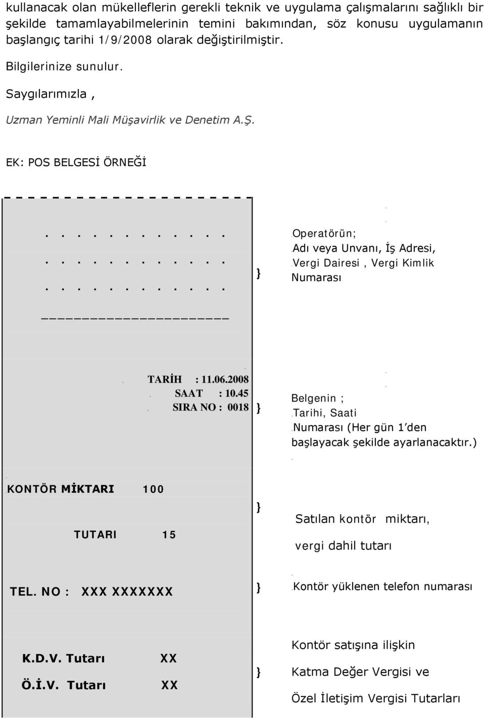 EK: POS BELGESİ ÖRNEĞİ 5BOperatörün; 6BAdı veya Unvanı, İş Adresi, 7BVergi Dairesi, Vergi Kimlik Numarası : 11.06.2008 : 10.