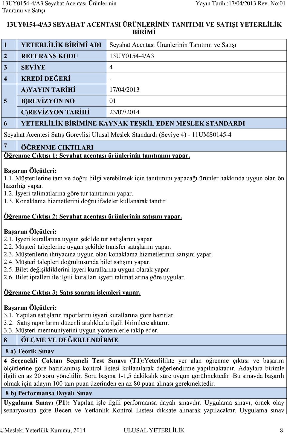 STANDARDI Seyahat Acentesi Satış Görevlisi Ulusal Meslek Standardı (Seviye 4) - 11UMS0145-4 7 ÖĞRENME ÇIKTILARI Öğrenme Çıktısı 1: Seyahat acentası ürünlerinin tanıtımını yapar. Başarım Ölçütleri: 1.