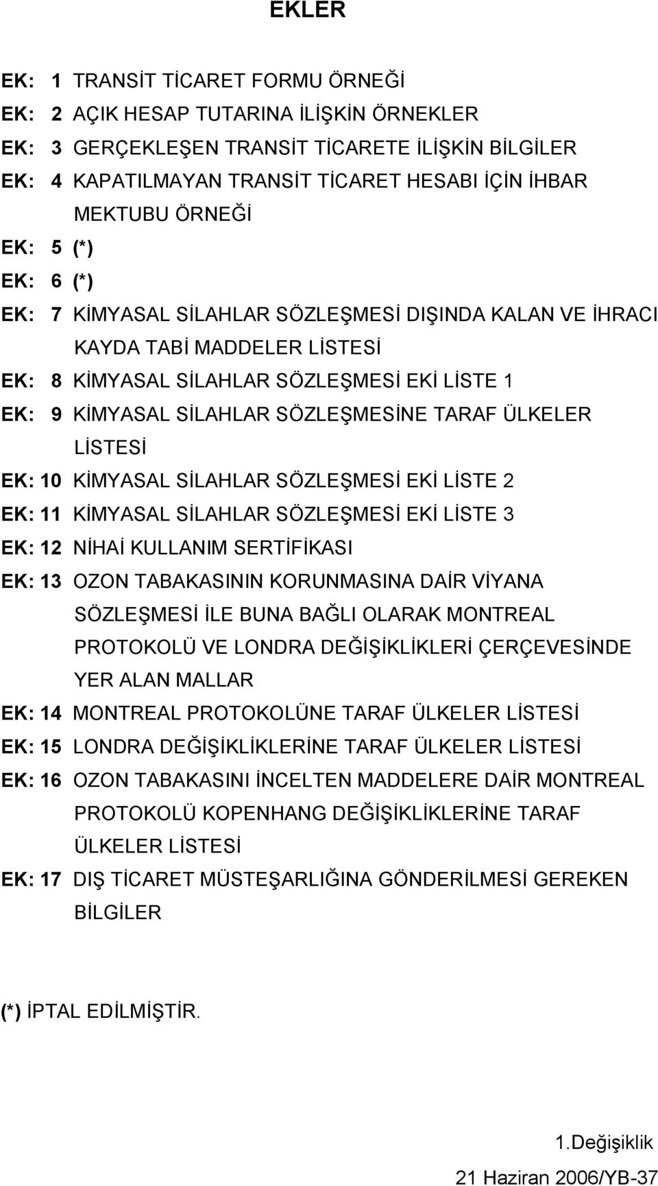 TARAF ÜLKELER LİSTESİ EK: 10 KİMYASAL SİLAHLAR SÖZLEŞMESİ EKİ LİSTE 2 EK: 11 KİMYASAL SİLAHLAR SÖZLEŞMESİ EKİ LİSTE 3 EK: 12 NİHAİ KULLANIM SERTİFİKASI EK: 13 OZON TABAKASININ KORUNMASINA DAİR VİYANA