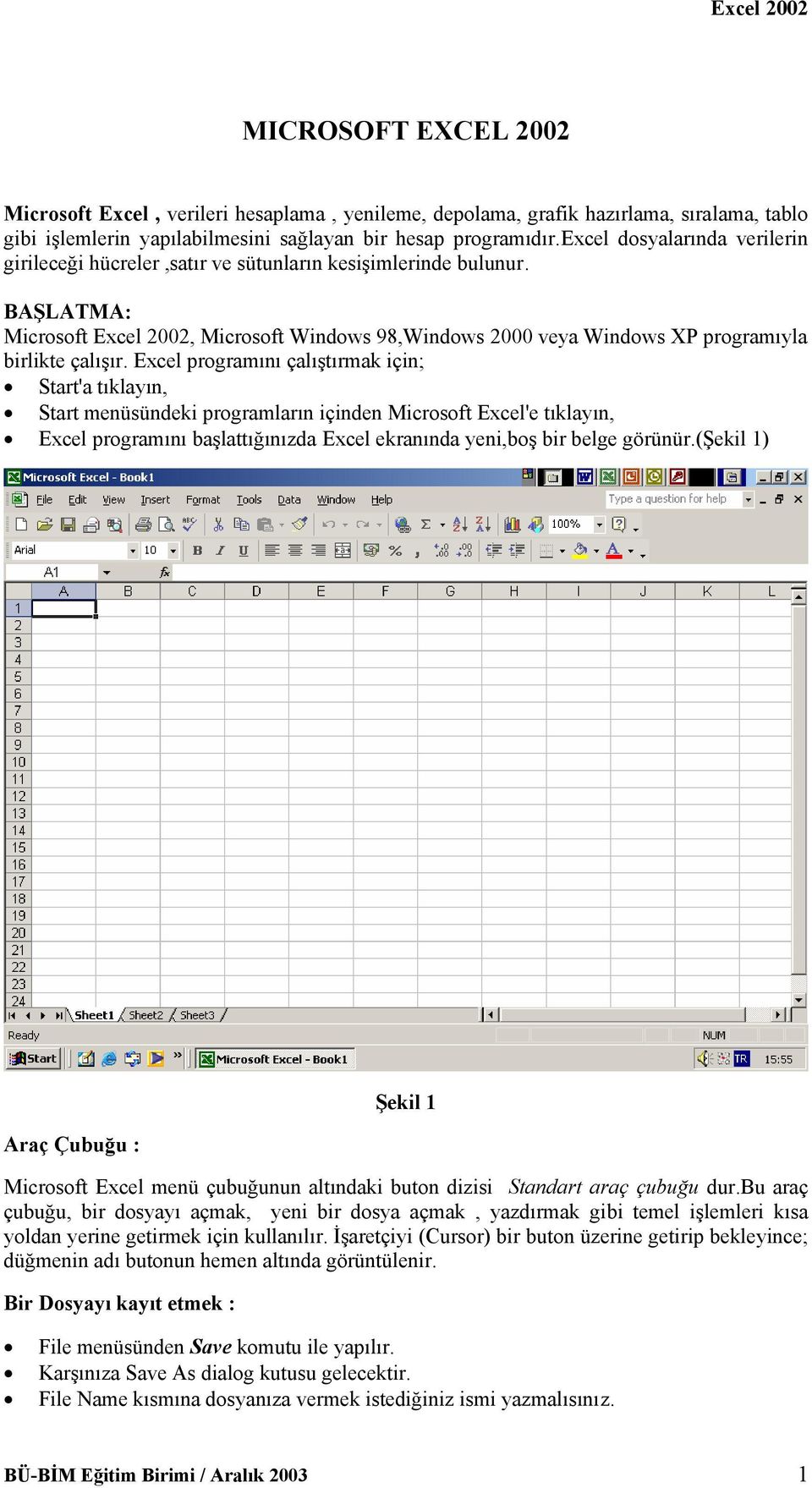 BAŞLATMA: Microsoft Excel 2002, Microsoft Windows 98,Windows 2000 veya Windows XP programıyla birlikte çalışır.