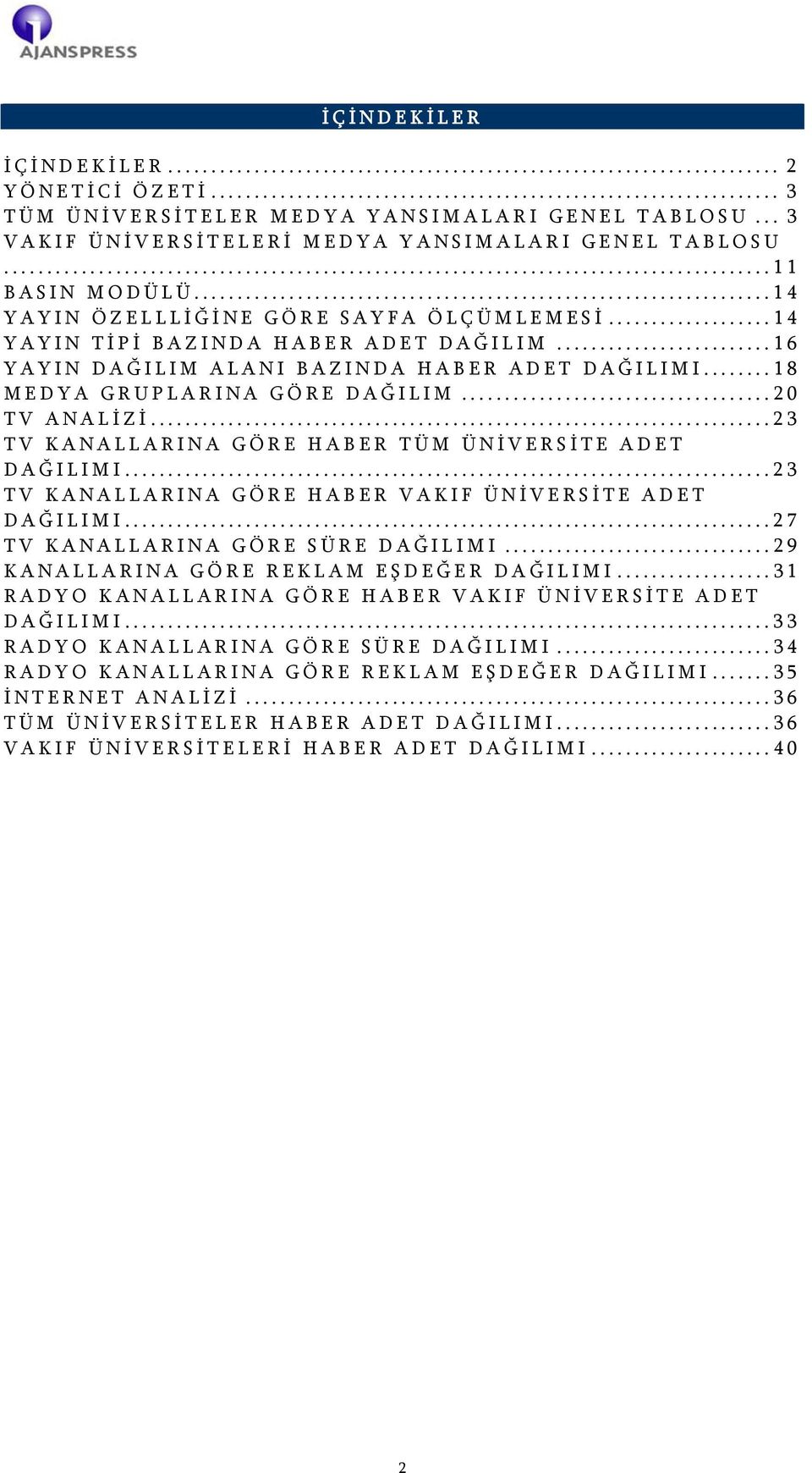 .. 20 TV ANALİ Z İ... 23 TV KANALLARINA GÖRE HABER TÜM ÜNİ VERSİ TE ADET DAĞ ILIMI... 23 TV KANALLARINA GÖRE HABER VAKIF ÜNİ VERSİ TE ADET DAĞ ILIMI... 27 TV KANALLARINA GÖRE SÜRE DAĞ ILIMI.