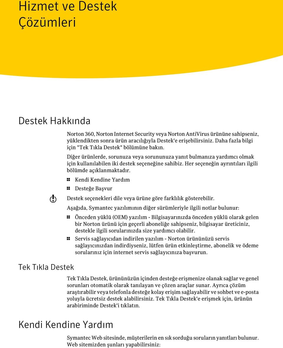 Her seçeneğin ayrıntıları ilgili bölümde açıklanmaktadır. w 1 Kendi Kendine Yardım 1 Desteğe Başvur Destek seçenekleri dile veya ürüne göre farklılık gösterebilir.