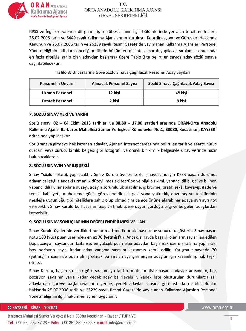 2006 tarih ve 26239 sayılı Resmî Gazete de yayınlanan Kalkınma Ajansları Personel Yönetmeliğinin istihdam önceliğine ilişkin hükümleri dikkate alınarak yapılacak sıralama sonucunda en fazla niteliğe