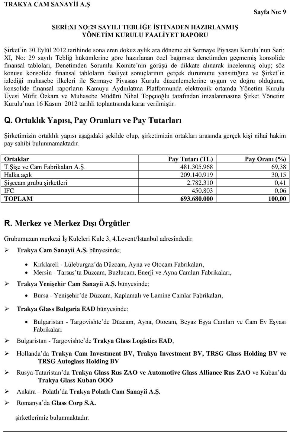 yansıttığına ve Şirket in izlediği muhasebe ilkeleri ile Sermaye Piyasası Kurulu düzenlemelerine uygun ve doğru olduğuna, konsolide finansal raporların Kamuyu Aydınlatma Platformunda elektronik