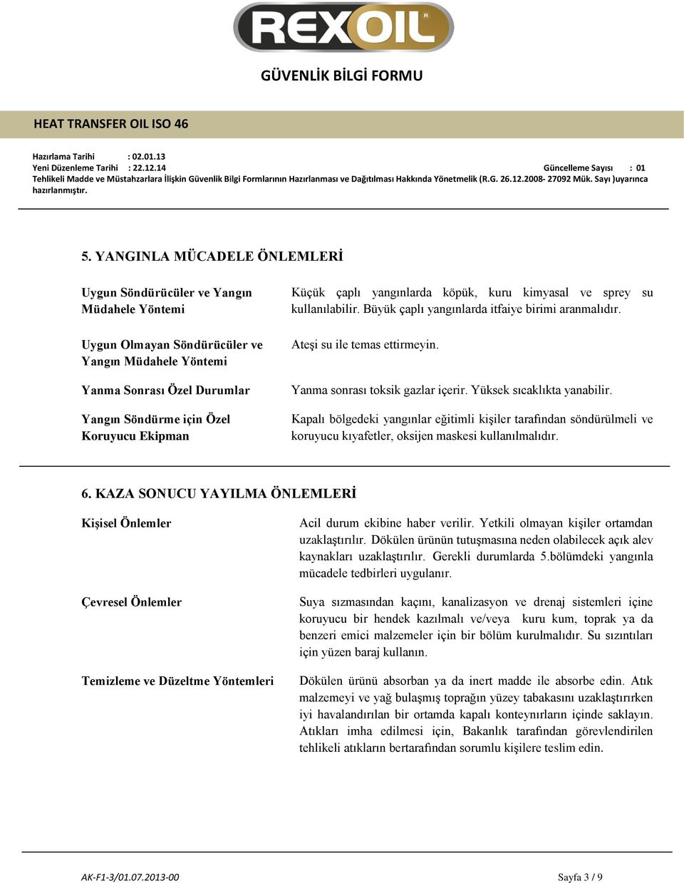 Yüksek sıcaklıkta yanabilir. Kapalı bölgedeki yangınlar eğitimli kişiler tarafından söndürülmeli ve koruyucu kıyafetler, oksijen maskesi kullanılmalıdır. 6.