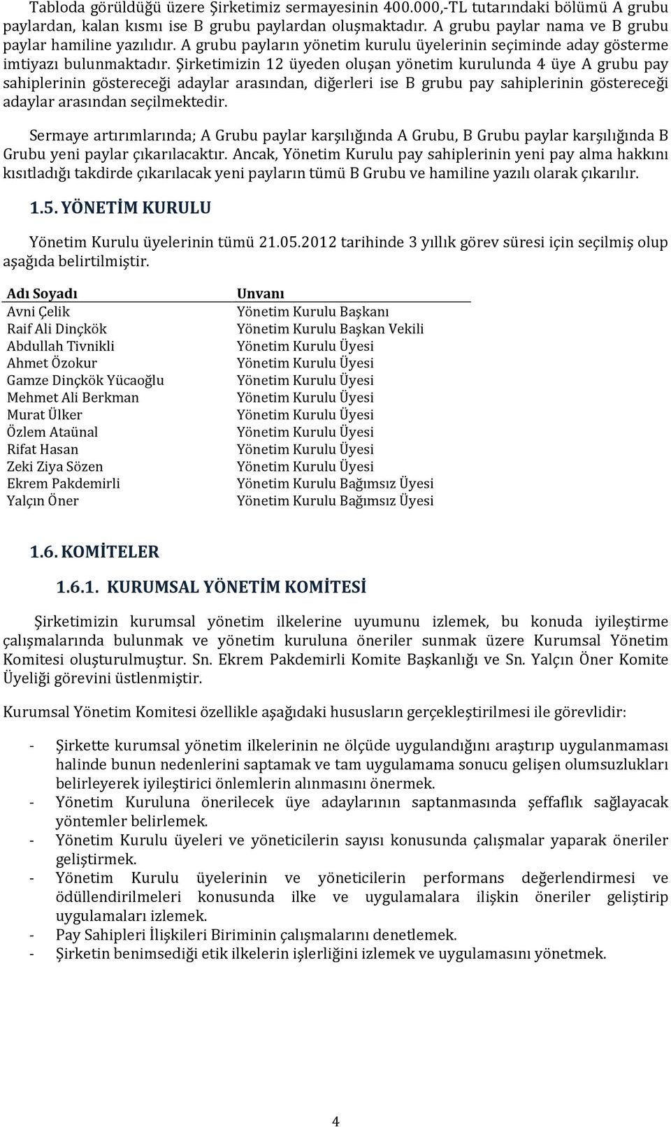 Şirketimizin 12 üyeden oluşan yönetim kurulunda 4 üye A grubu pay sahiplerinin göstereceği adaylar arasından, diğerleri ise B grubu pay sahiplerinin göstereceği adaylar arasından seçilmektedir.