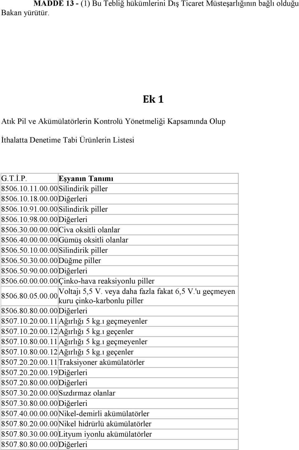 10.91.00.00Silindirik piller 8506.10.98.00.00Diğerleri 8506.30.00.00.00Civa oksitli olanlar 8506.40.00.00.00Gümüş oksitli olanlar 8506.50.10.00.00Silindirik piller 8506.50.30.00.00Düğme piller 8506.