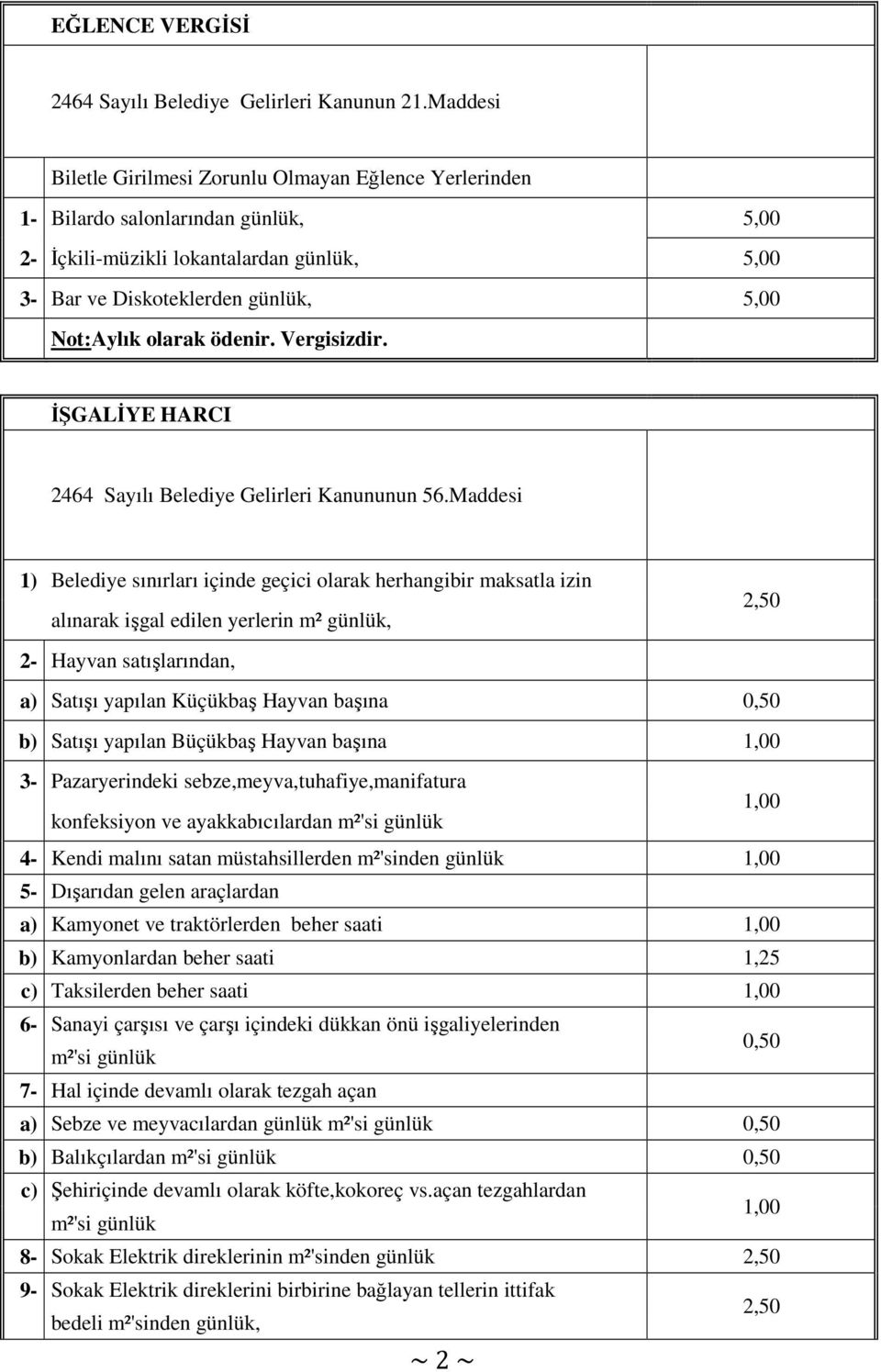 ödenir. Vergisizdir. ĐŞGALĐYE HARCI 2464 Sayılı Belediye Gelirleri Kanununun 56.