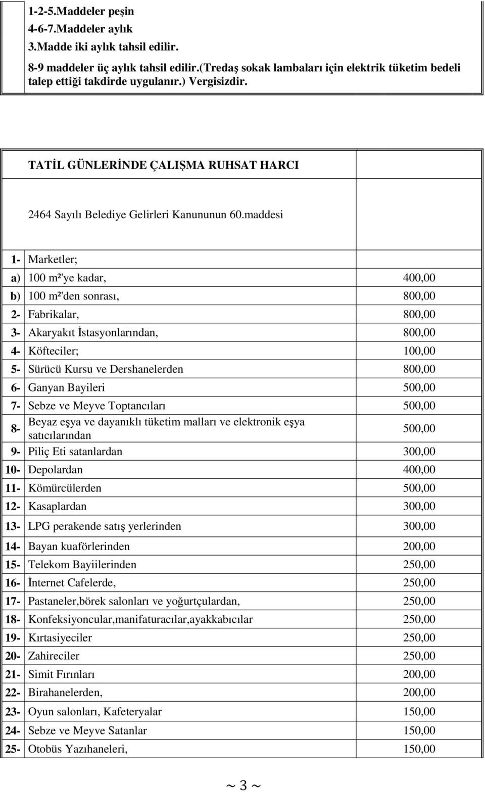 maddesi 1- Marketler; a) 100 m²'ye kadar, 400,00 b) 100 m²'den sonrası, 800,00 2- Fabrikalar, 800,00 3- Akaryakıt Đstasyonlarından, 800,00 4- Köfteciler; 100,00 5- Sürücü Kursu ve Dershanelerden