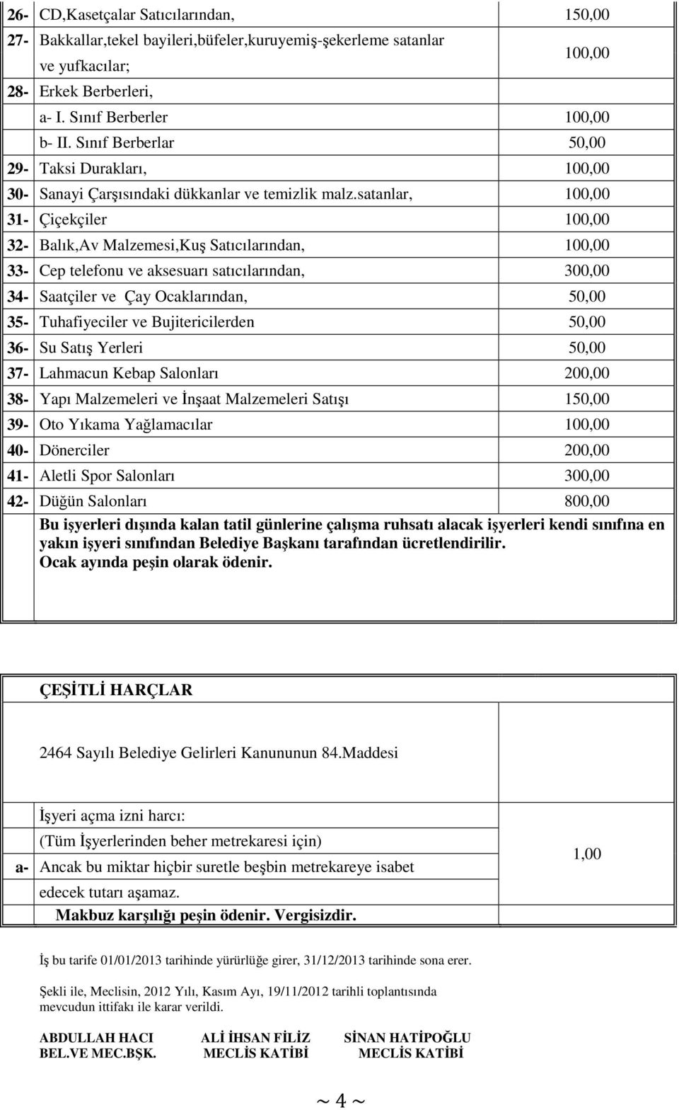 satanlar, 100,00 31- Çiçekçiler 100,00 32- Balık,Av Malzemesi,Kuş Satıcılarından, 100,00 33- Cep telefonu ve aksesuarı satıcılarından, 300,00 34- Saatçiler ve Çay Ocaklarından, 50,00 35-