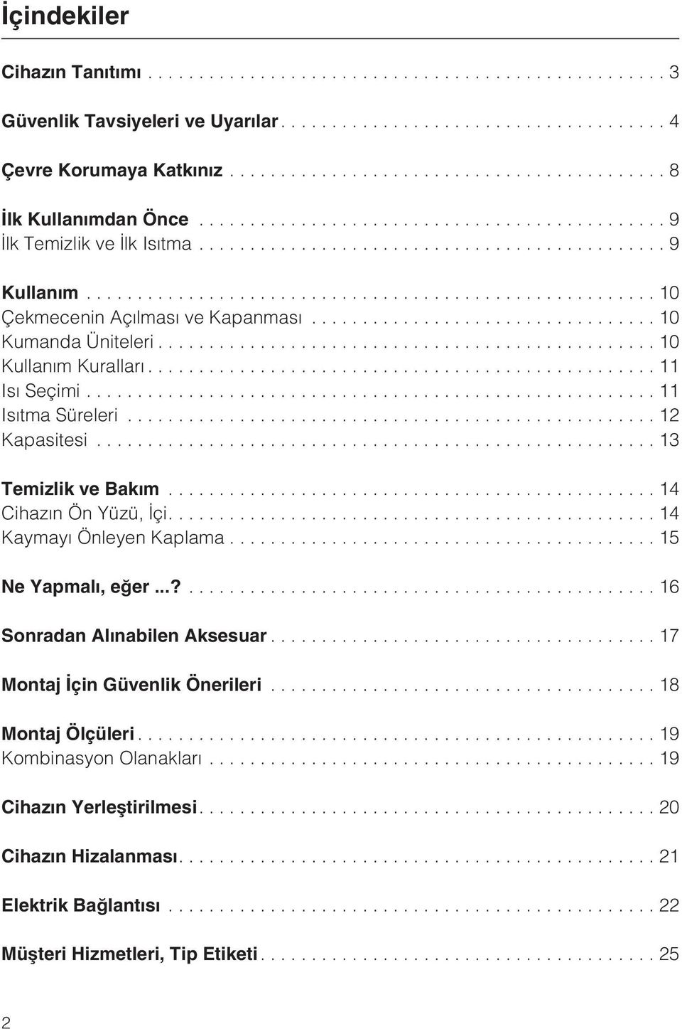 ..14 Cihazýn Ön Yüzü, Ýçi.... 14 Kaymayý Önleyen Kaplama...15 Ne Yapmalý, eðer...?...16 Sonradan Alýnabilen Aksesuar...17 Montaj Ýçin Güvenlik Önerileri.