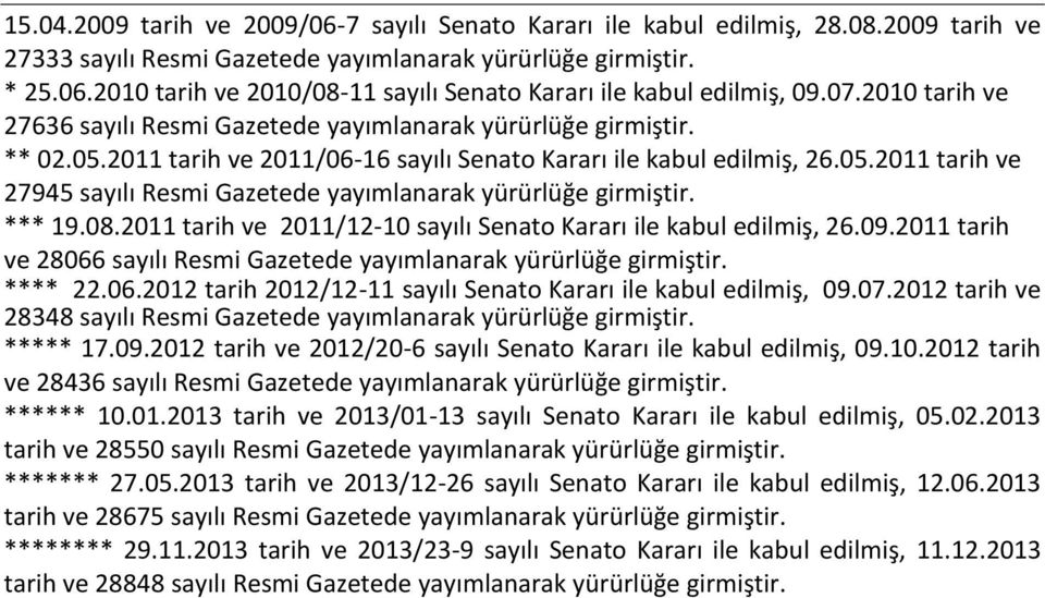 *** 19.08.2011 tarih ve 2011/12-10 sayılı Senato Kararı ile kabul edilmiş, 26.09.2011 tarih ve 28066 sayılı Resmi Gazetede yayımlanarak yürürlüğe girmiştir. **** 22.06.2012 tarih 2012/12-11 sayılı Senato Kararı ile kabul edilmiş, 09.