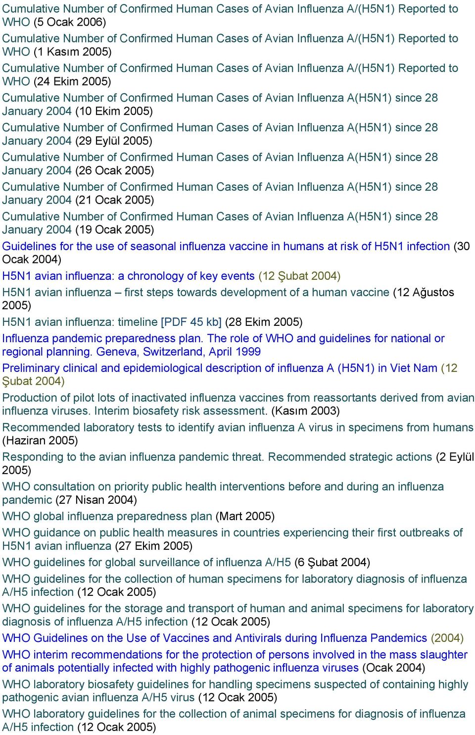 (10 Ekim 2005) Cumulative Number of Confirmed Human Cases of Avian Influenza A(H5N1) since 28 January 2004 (29 Eylül 2005) Cumulative Number of Confirmed Human Cases of Avian Influenza A(H5N1) since