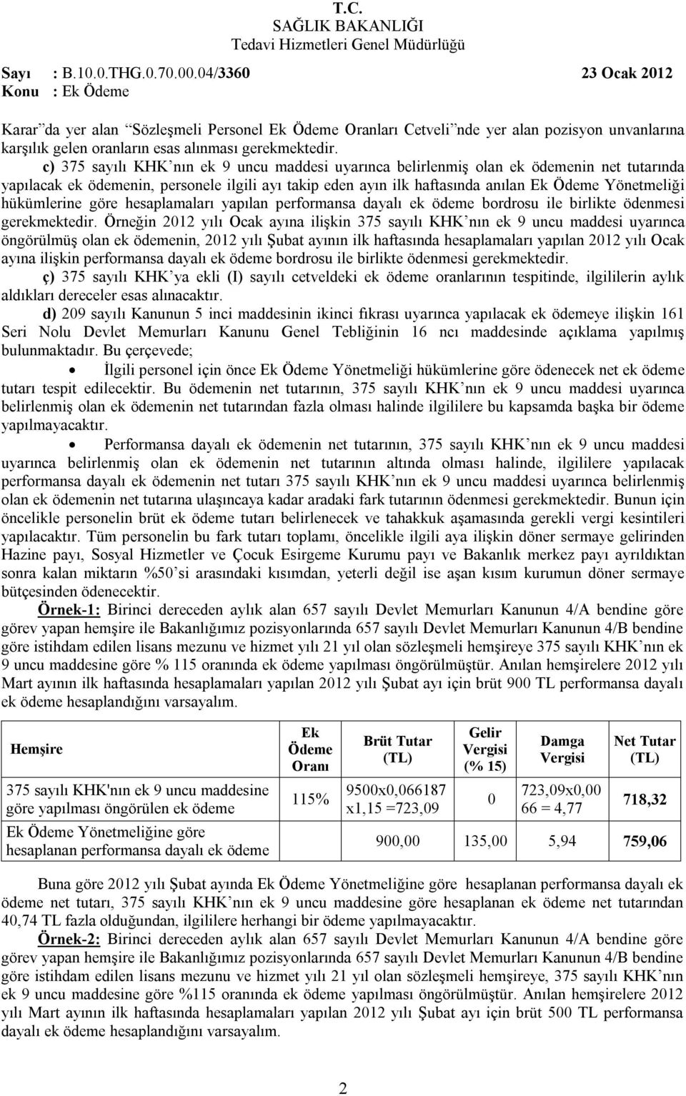 bordrosu ile birlikte ödenmesi Örneğin 212 yılı Ocak ayına ilişkin 375 sayılı KHK nın ek 9 uncu maddesi uyarınca öngörülmüş olan ek ödemenin, 212 yılı Şubat ayının ilk haftasında hesaplamaları