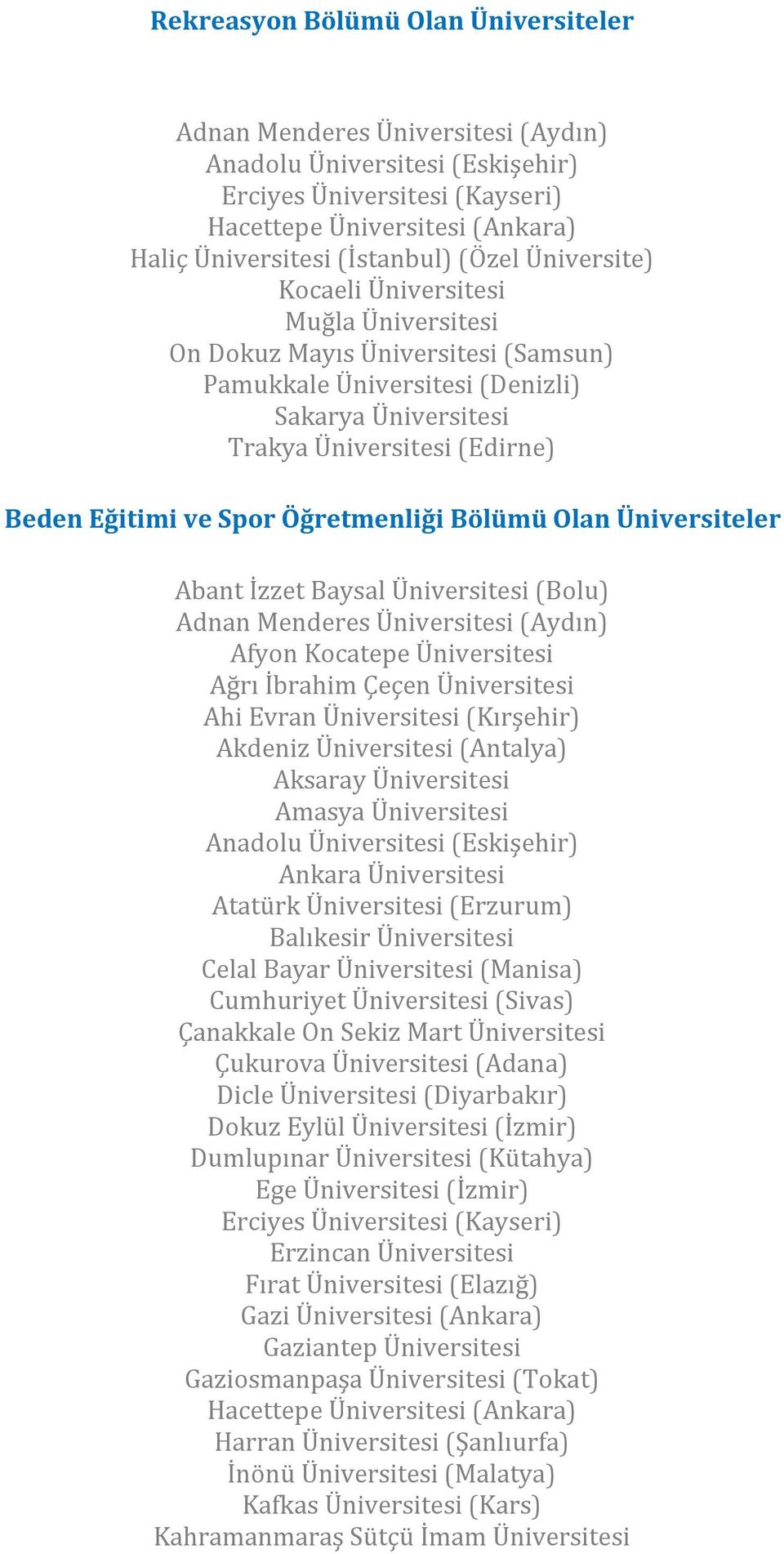 (Kırşehir) Akdeniz Üniversitesi (Antalya) Aksaray Üniversitesi Amasya Üniversitesi Ankara Üniversitesi Atatürk Üniversitesi (Erzurum) Balıkesir Üniversitesi Celal Bayar Üniversitesi (Manisa)