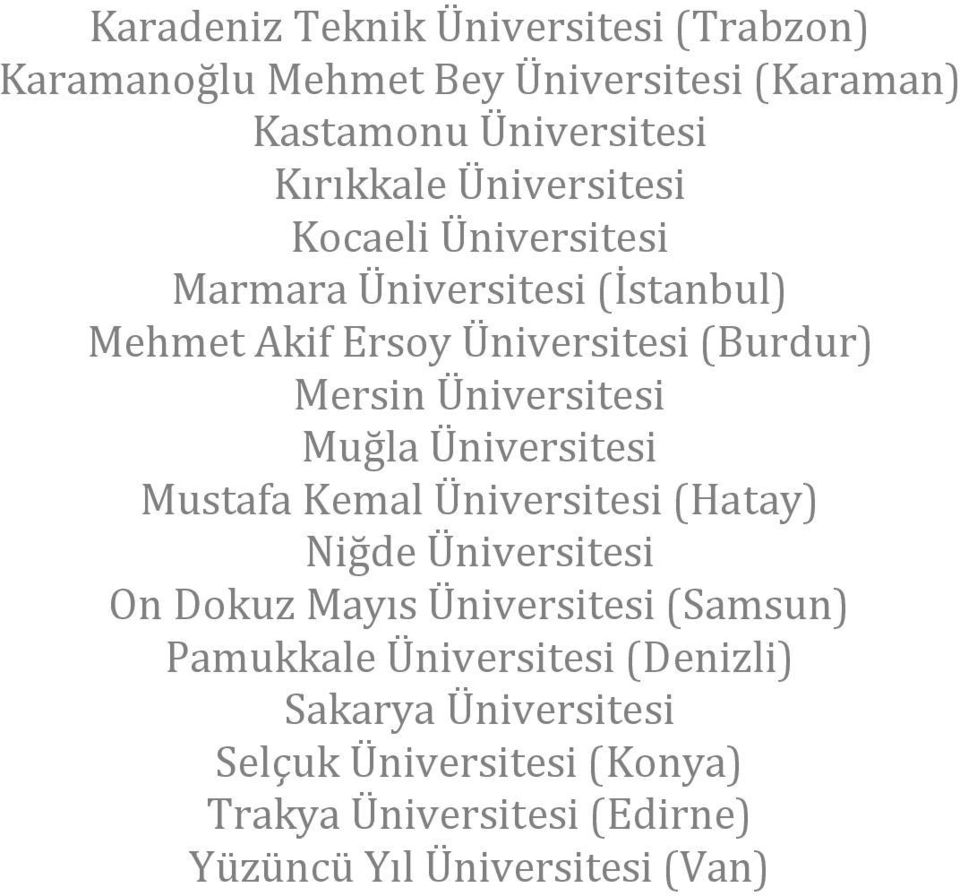 (Burdur) Mersin Üniversitesi Mustafa Kemal Üniversitesi (Hatay) Niğde Üniversitesi On Dokuz Mayıs