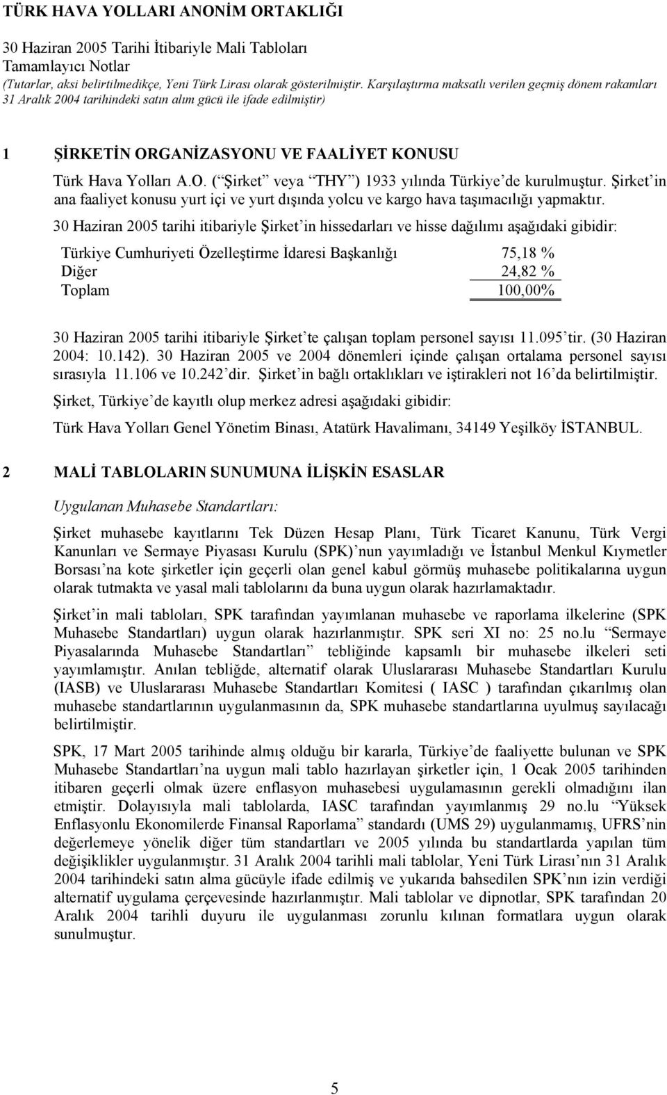 30 Haziran 2005 tarihi itibariyle Şirket in hissedarları ve hisse dağılımı aşağıdaki gibidir: Türkiye Cumhuriyeti Özelleştirme İdaresi Başkanlığı 75,18 % Diğer 24,82 % Toplam 100,00% 30 Haziran 2005