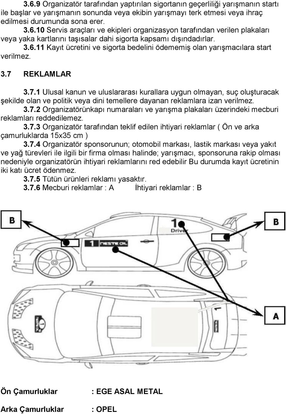 REKLAMLAR 3.7.1 Ulusal kanun ve uluslararası kurallara uygun olmayan, suç oluşturacak şekilde olan ve politik veya dini temellere dayanan reklamlara izan verilmez. 3.7.2 Organizatörünkapı numaraları ve yarışma plakaları üzerindeki mecburi reklamları reddedilemez.