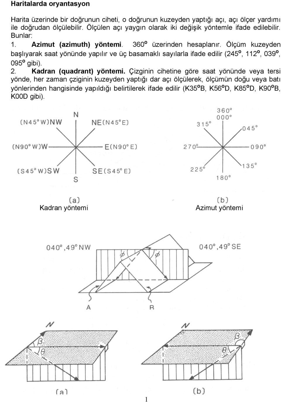 Ölçüm kuzeyden başlıyarak saat yönünde yapılır ve üç basamaklı sayılarla ifade edilir (245º, 112º, 039º, 095º gibi). 2. Kadran (quadrant) yöntemi.