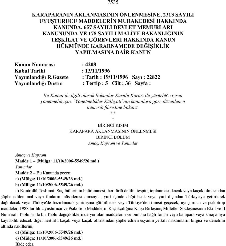 Gazete : Tarih : 19/11/1996 Sayı : 22822 Yayımlandığı Düstur : Tertip : 5 Cilt : 36 Sayfa : Bu Kanun ile ilgili olarak Bakanlar Kurulu Kararı ile yürürlüğe giren yönetmelik için, "Yönetmelikler