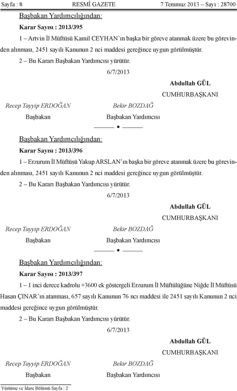 Yardımcısı Yardımcılığından: Karar Sayısı : 2013/396 1 Erzurum İl Müftüsü Yakup ARSLAN ın başka bir göreve atanmak üzere bu görevinden alınması, 2451 sayılı  Yardımcısı Yardımcılığından: Karar Sayısı