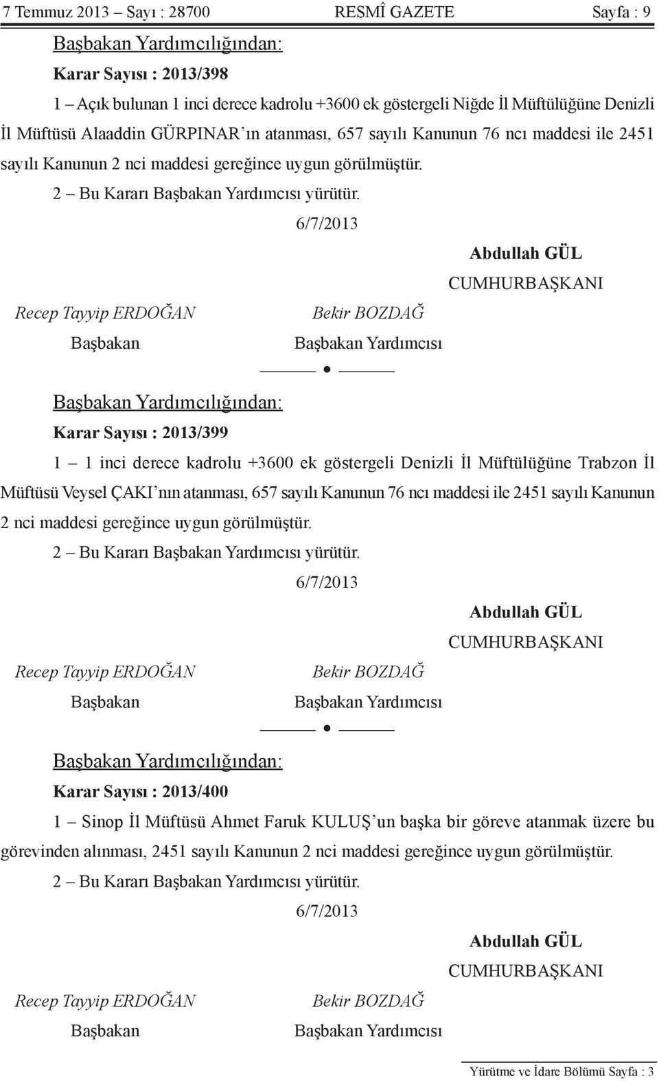 Yardımcısı Yardımcılığından: Karar Sayısı : 2013/399 1 1 inci derece kadrolu +3600 ek göstergeli Denizli İl Müftülüğüne Trabzon İl Müftüsü Veysel ÇAKI nın atanması, 657 sayılı Kanunun 76 ncı maddesi