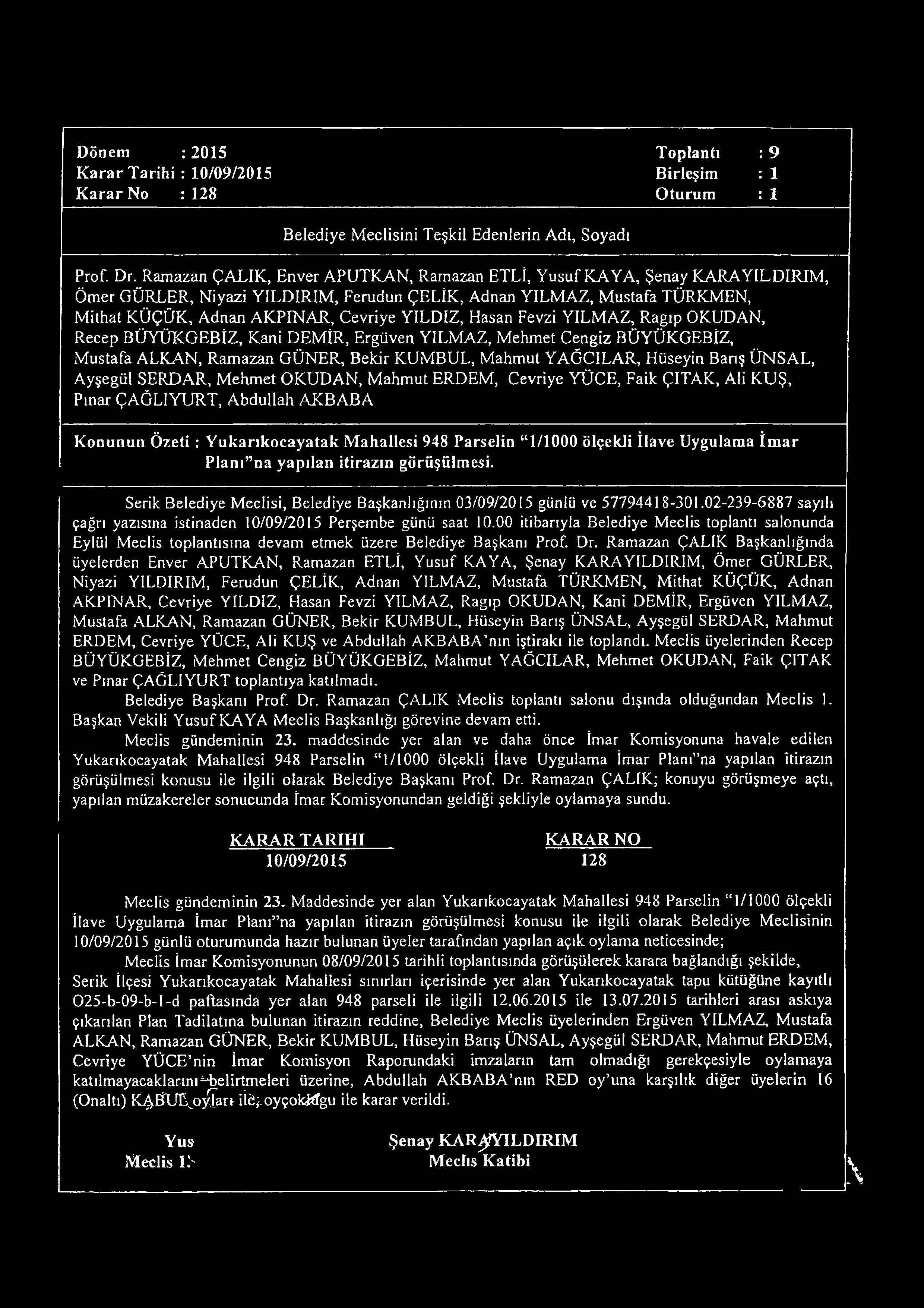 Dönem : 2015 Toplantı : 9 Karar Tarihi : 10/09/2015 Birleşim : 1 Karar No : 128 Oturum : 1 Belediye Meclisini Teşkil Edenlerin Adı, Soyadı Prof. Dr.