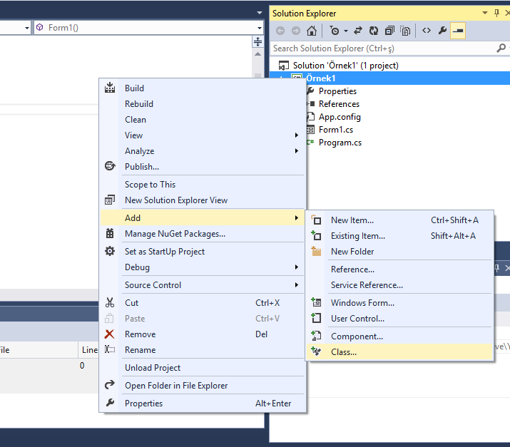 Örnek1: Isci sınıfı yaratılması (devam ) Visual Studio ile sınıf yaratmak için Solution Explorer