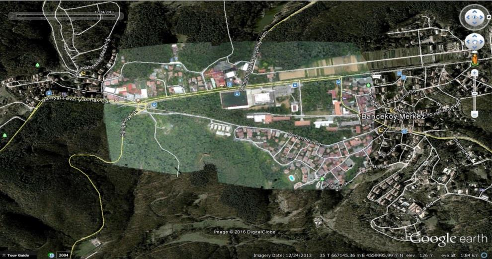 302 Şekil 8. Çalışma alanının Google Earth görüntüsü üstüne çakıştırılmış görüntüsü (KML gösterimi). 4.