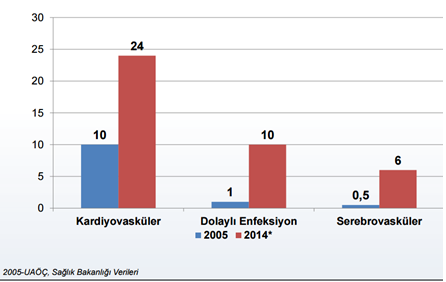 2005-2014 yılları doğrudan anne ölüm nedenleri (%) 2005-2014