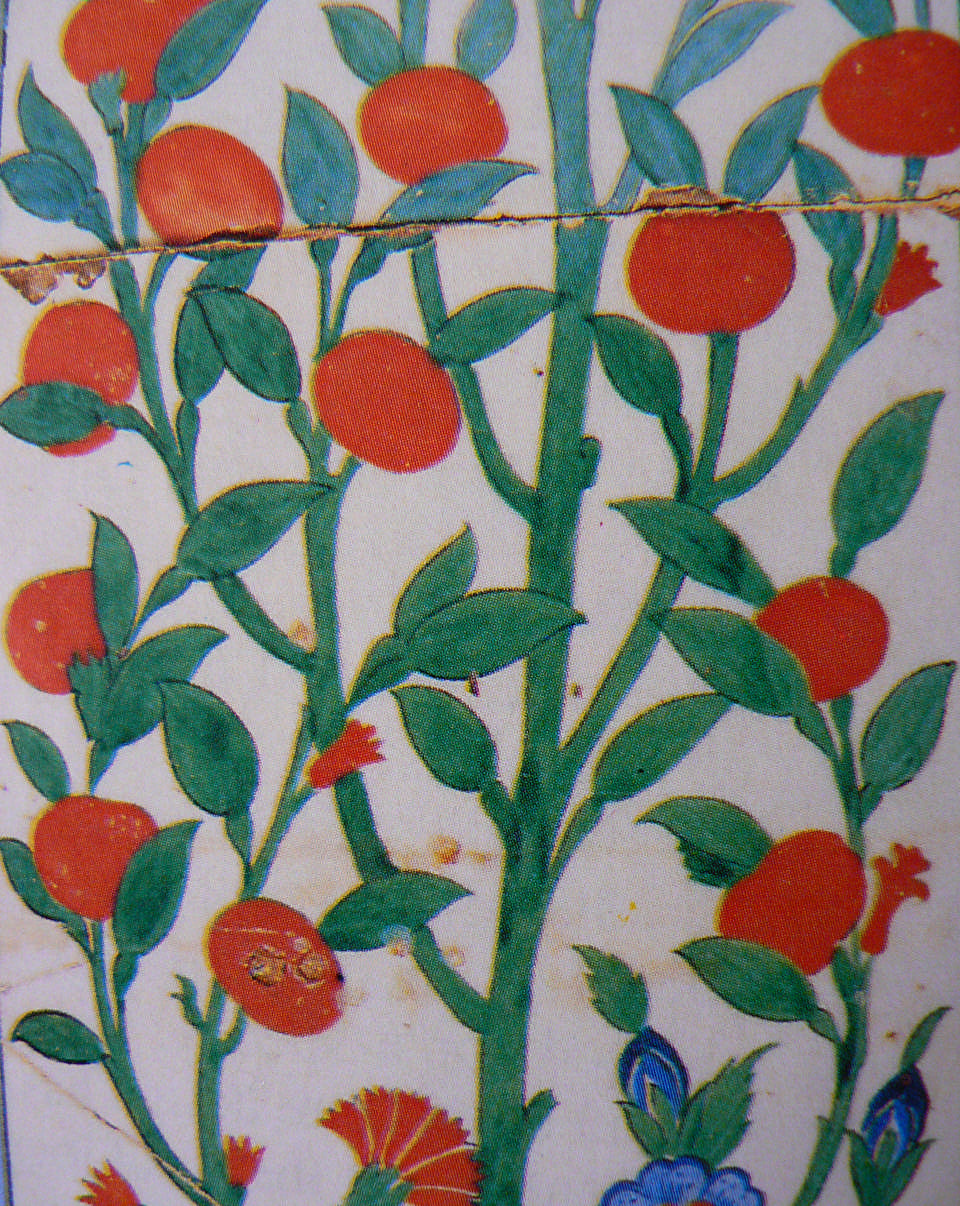 Meyveleri Belirtilen Meyve Ağaçları Çini sanatında çok sıklıkla karşılaşılmamasına rağmen örnekleri bulunur. Aşağıda Resim 1.6 da meyveleri belirtilen meyve ağaçlarına bir örnek verilmiştir.