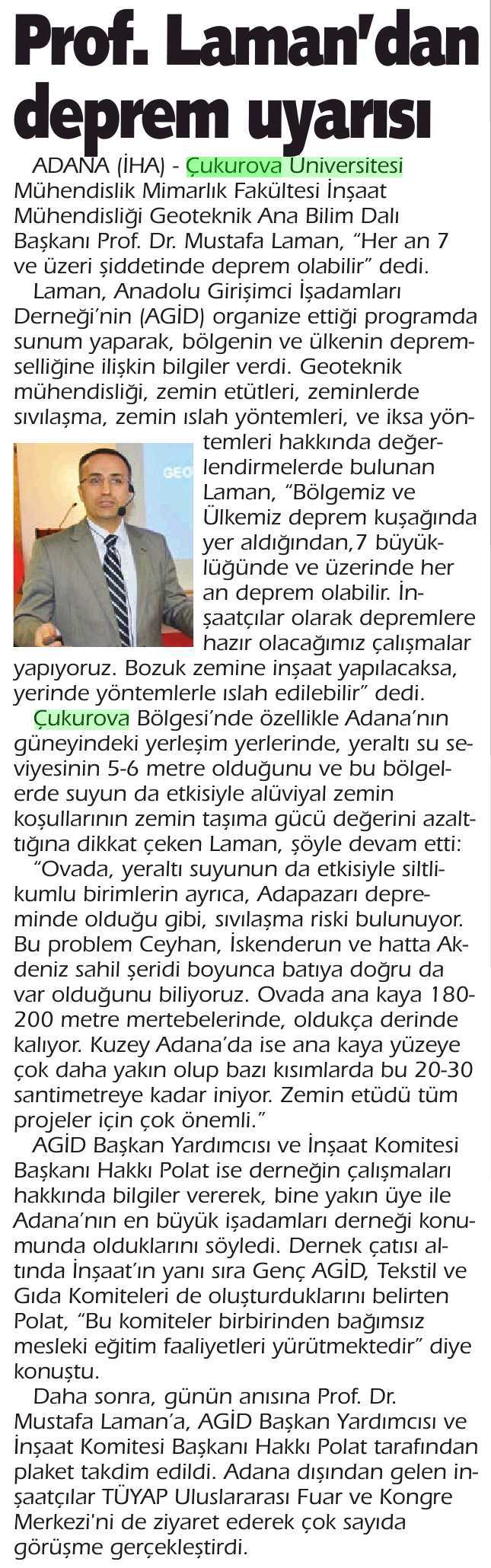 PROF. LAMAN'DAN DEPREM UYARISI Yayın Adı : Adalet Gazetesi