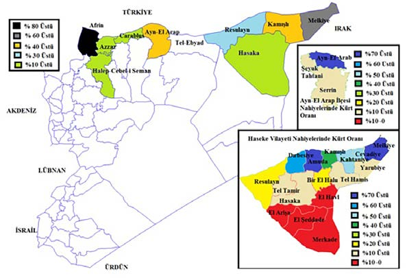 EK 1: HARITALAR EK 1: HARITALAR SURIYE DE İLÇELER VE NAHIYELER BAZINDA KÜRT ORANLARI Kaynak: Rasim Bozbuğa, "Suriye Kürtleri: Suriye'nin kuzeyinde etnik yapı ve kürt nüfusu", 21.