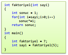 C++ Fonksiyon Oluşturma Fonksiyon İsmi (Devam1) Fonksiyon ismi ile aynı isme sahip değişken tanımlanmamalıdır.