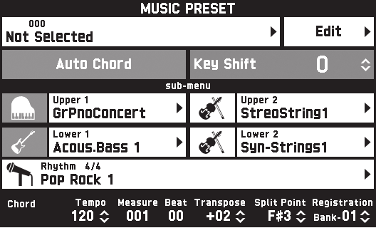Music Presets (Haz r Müzikler) bl bm br bt Müzik Preset leri size özel müzik janrlar ve şark lar için optimize edilen one-touch ton, ritim, akor ve diğer ayarlar sağlar.