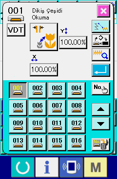 3-5. Desenlerin okunması Hafıza kartına yazılmış olan desenler okunabilirler. IP-420 için biçimlendirilmiş olan hafıza kartlarını kullanın. Desen okuma ekranının açılması.