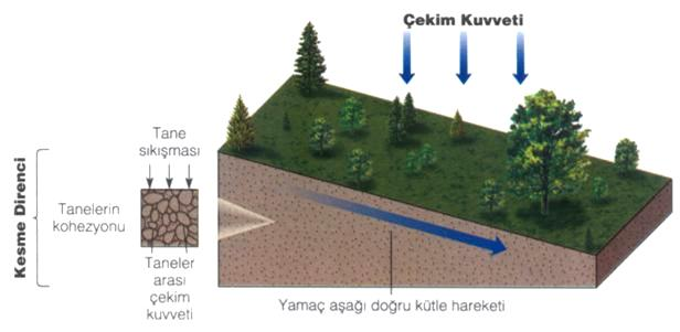 Şekil 1. Yamaç (şev) üzerinde etkili olan kuvvetler.