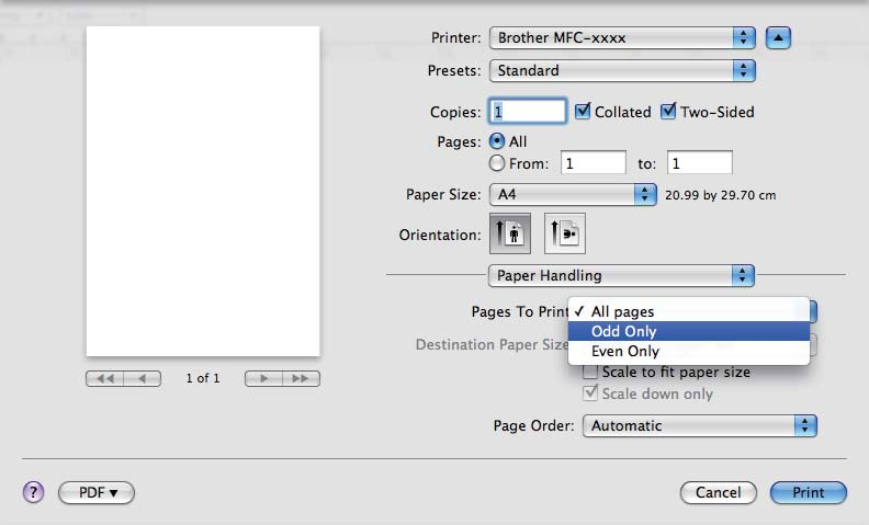 Yazdırma ve Fakslama Elle çift taraflı Paper Handling (Kağıt İşleme) öğesini seçin. (Mac OS X 10.4.11) Even numbered pages (Çift numaralı sayfalar) öğesini seçin ve yazdırın.
