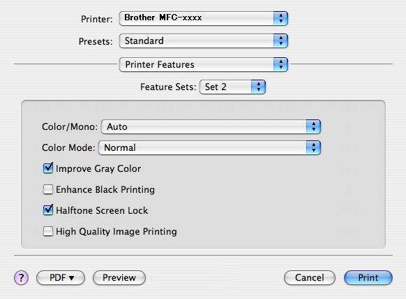 Yazdırma ve Fakslama Feature Sets: (Özellik Kümeleri:) Set 2 (Küme 2) Color / Mono (Renkli / Mono) Renkli/Mono ayarlarını aşağıdaki gibi değiştirebilirsiniz: Auto (Otomatik) Makine, dokümanlarınızın