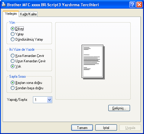 Yazdırma BR-Script 3 yazıcı sürücüsündeki özellikler (PostScript 3 dil emülasyonu) 2 Bu bölümde gösterilen ekranlar Windows XP işletim sistemine aittir.