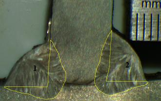 Masif Tel Özlü Tel Şekil 5. 85 8 mm kalınlığa sahip P-D1-DMAG-6Ar-9CO 2 numunesinin makro fotoğrafı (3,5x) ve ana malzeme ergime alanı (sol taraf 1. paso, sağ taraf 2. paso) Çizelge 5.
